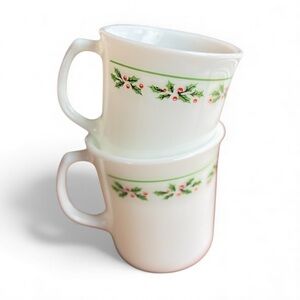 Corningware Coffee Mugs “Holly Days” Vintage White Milk Glass